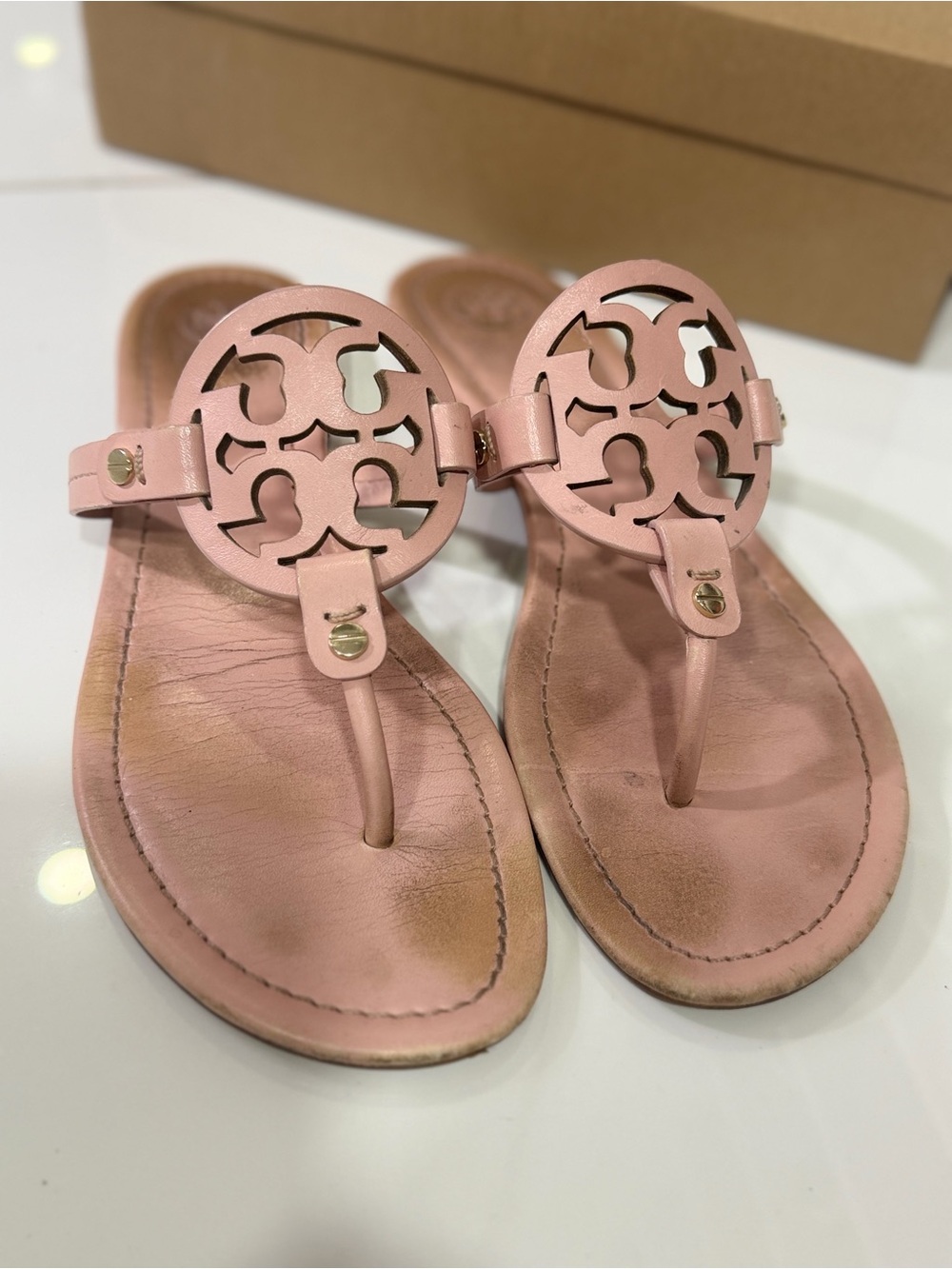 Tory Burch Pink Leather Logo Thong Sandals